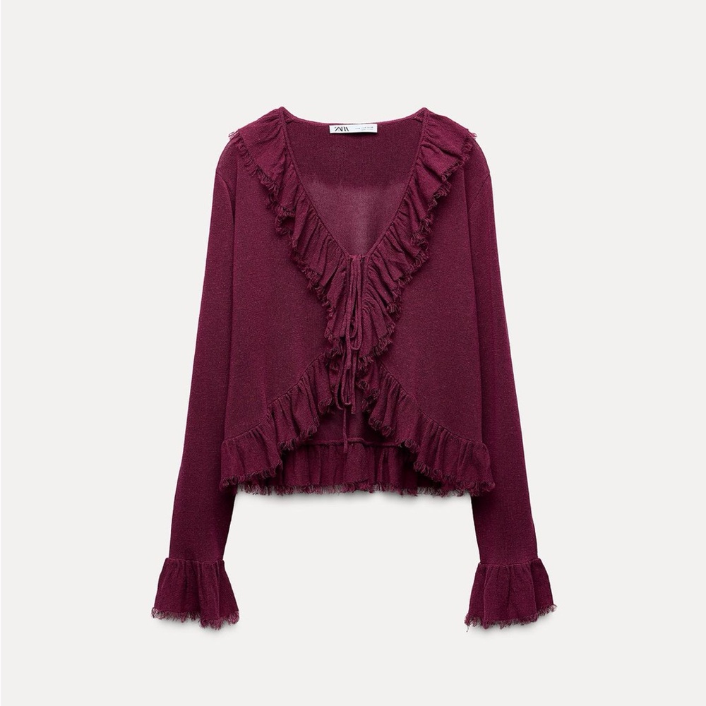 Zara Burgundy Ruffled Cardigan